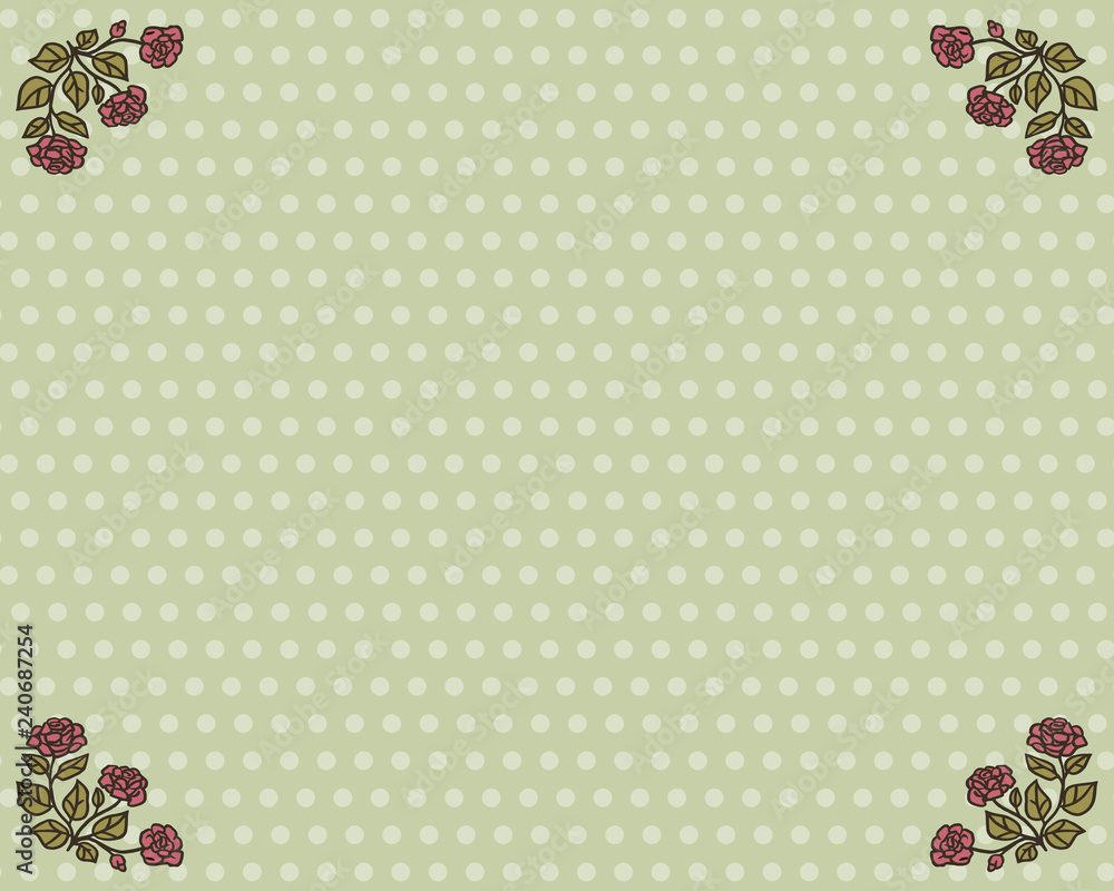 Retro postcard green with white balls with ornament drawings of red roses with green leaves in the corners vector background.