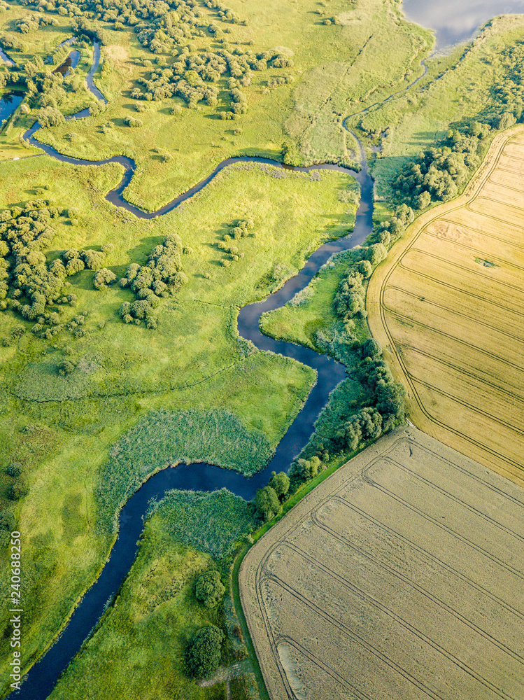 Aerial Photo the River Flowing Between Yellow and Green Agriculture Fields in Early Spring on Sunny Day