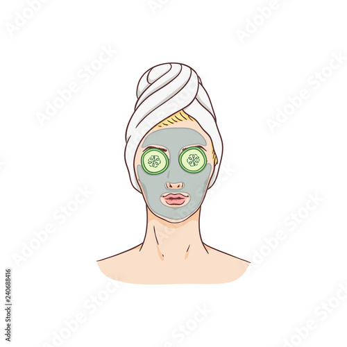 Vector woman with facial mask and cucumbers. Face skin treatment and therapy concept. Young woman with towel and spa salon. Cosmetic skincare product packaging design.