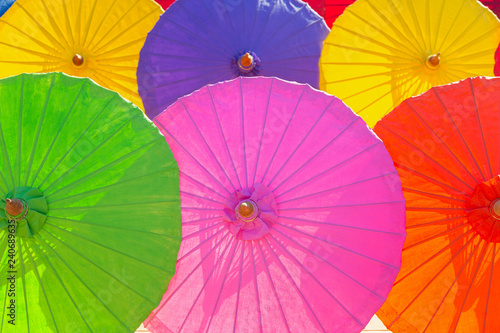 Beautiful multicolor fabric umbrella in Northern Thailand.