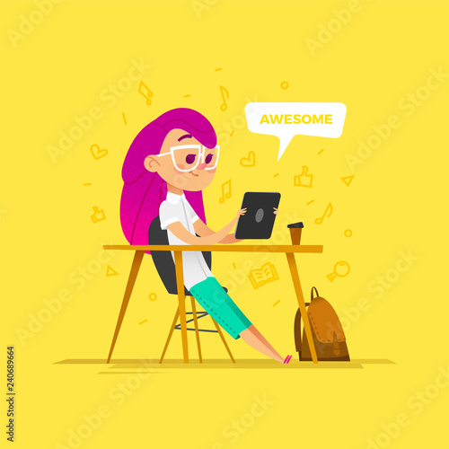 Girl Character Sit in Classroom