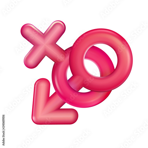 Sex red icon plastic realistic illustration. Male and female sex symbol woven on isolated light background. Toy, sign gender in 3d. Vector sexual affiliation. A happy love