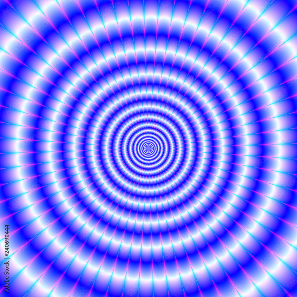 Concentric Rings in Blue and White / An abstract fractal image with a concentric ring design in blue and white with pink and turquoise highlights.