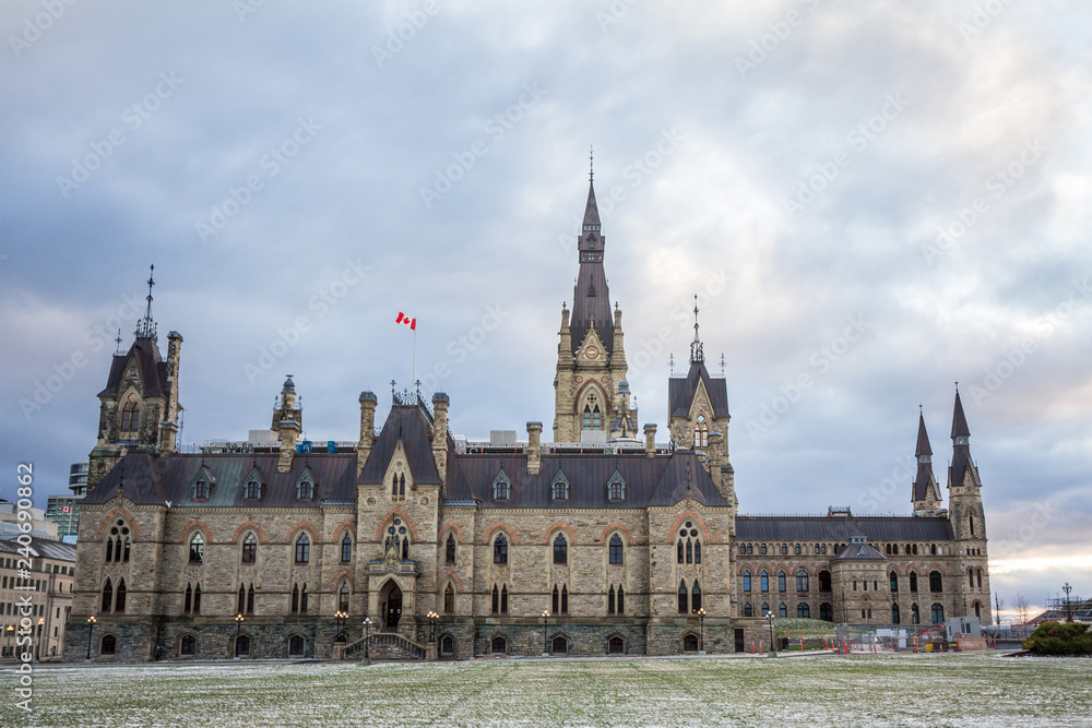 Main tower of the West block of the Parliament of Canada, in the Canadian Parliamentary complex of Ottawa, Ontario. It is a major landmark of the city and a center of Canadian politics