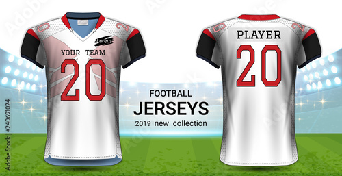American Football or Soccer Jerseys Uniforms, Realistic Graphic Design Front and Back View for Presentation Mockup Template, Easy Possibility to Apply Your Artwork, Text, Image, Logo (Eps10 Vector)