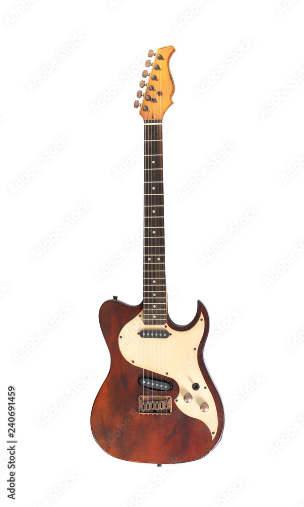 Electric guitar on white background, top view
