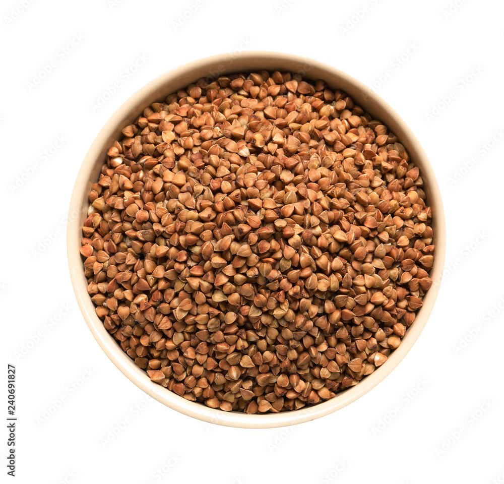 Bowl with buckwheat on white background, top view. Natural food high in protein Bowl with buckwheat on white background, top view. Natural food high in protein