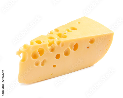 Piece of cheese on white background. Natural food high in protein
