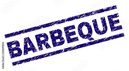 BARBEQUE seal print with scratced style. Blue vector rubber print of BARBEQUE text with dirty texture. Text tag is placed between parallel lines.