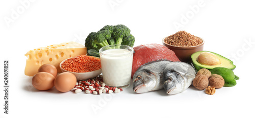 Set of natural food high in protein on white background
