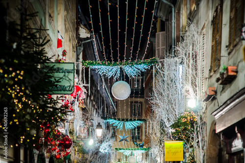 Christmas street decoration of Strasbourg, highlighted buildings and new year atmosphere photo