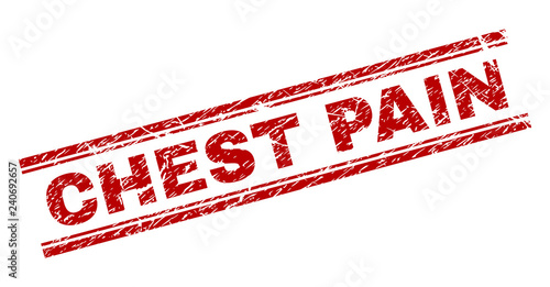 CHEST PAIN seal imprint with distress texture. Red vector rubber print of CHEST PAIN text with corroded texture. Text caption is placed between double parallel lines.