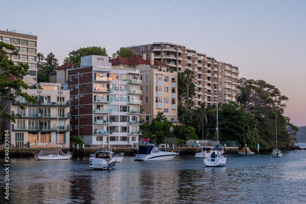waterfront apartments at sunrise