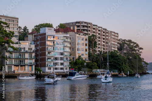 waterfront apartments at sunrise