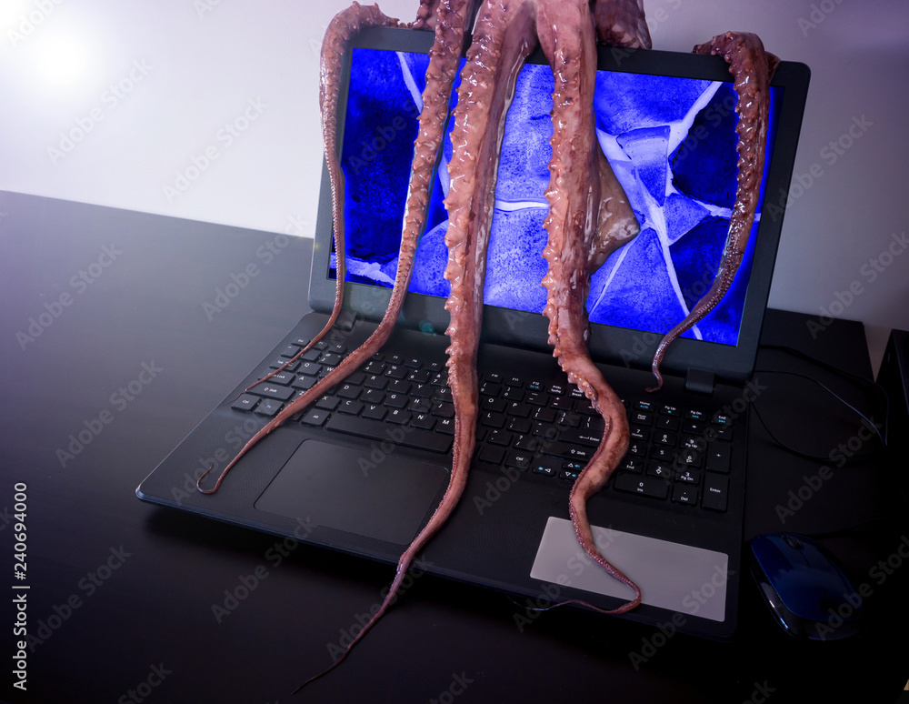 Fotografie Computer virus concept. Laptop infected by malicious software.