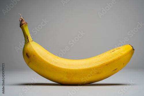 One banana shot on a grey studio background