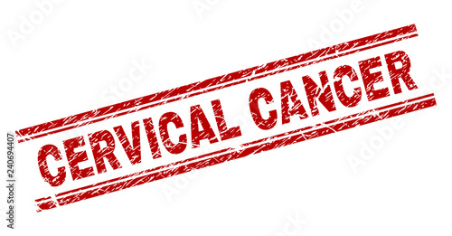 CERVICAL CANCER seal imprint with distress texture. Red vector rubber print of CERVICAL CANCER text with retro texture. Text label is placed between double parallel lines.