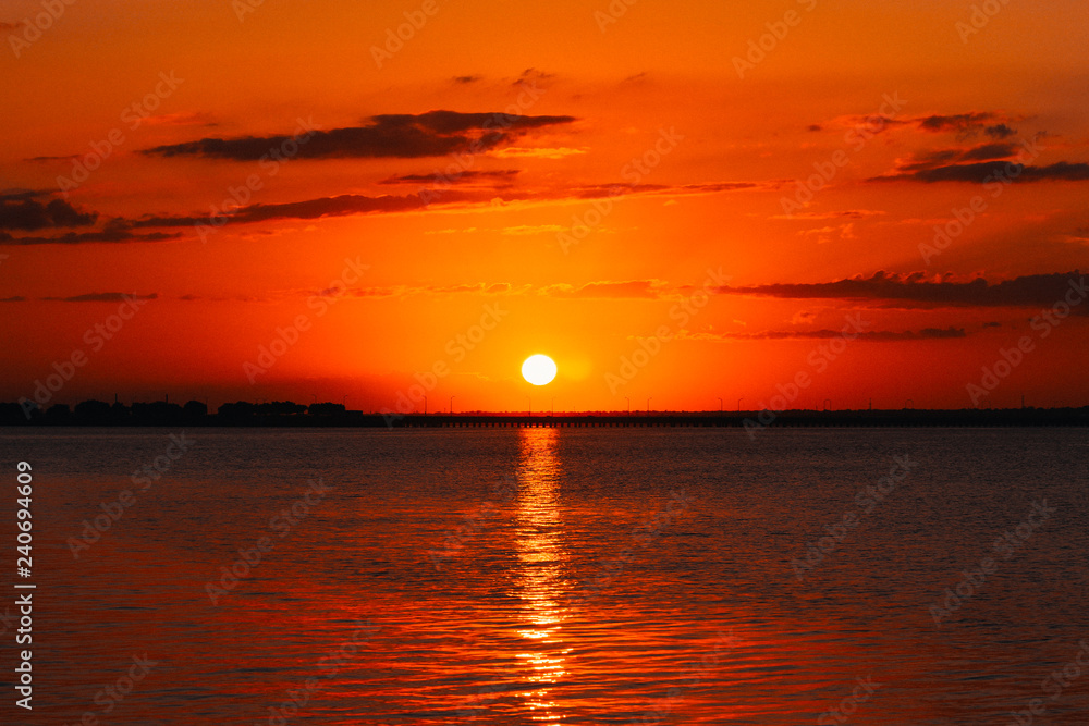 Orange Sunset Over The Bay. 