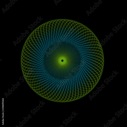 Abstract spirograph art , parabolic curve of line in circle form illustration. Vector image.Round pattern color on black background.