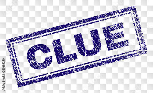 CLUE stamp seal imprint with rubber print style and double framed rectangle shape. Stamp is placed on a transparent background. Blue vector rubber print of CLUE caption with scratched texture.