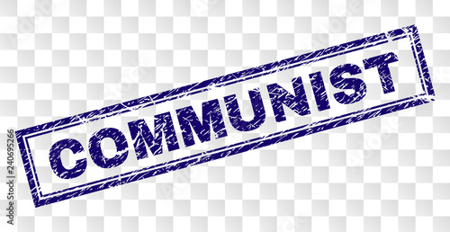 COMMUNIST stamp seal print with rubber print style and double framed rectangle shape. Stamp is placed on a transparent background. Blue vector rubber print of COMMUNIST label with unclean texture.