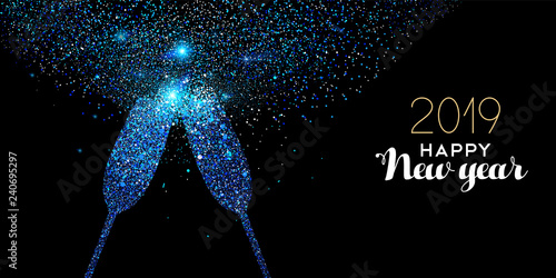 New Year 2019 blue glitter glass toast card