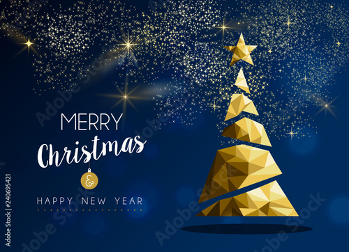 Gold Merry Christmas and New Year pine tree card
