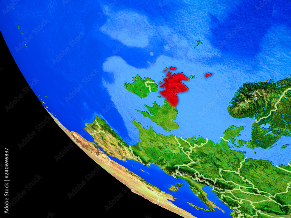 Scotland on realistic model of planet Earth with country borders and very detailed planet surface.