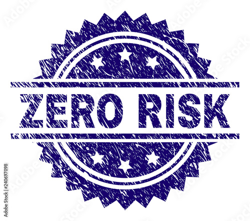 ZERO RISK stamp seal watermark with distress style. Blue vector rubber print of ZERO RISK title with corroded texture.