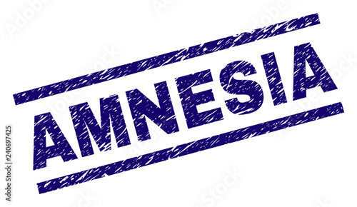 AMNESIA seal print with scratced style. Blue vector rubber print of AMNESIA text with dust texture. Text title is placed between parallel lines.