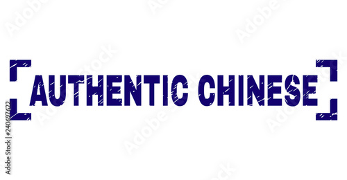 AUTHENTIC CHINESE tag seal print with grunge texture. Text tag is placed between corners. Blue vector rubber print of AUTHENTIC CHINESE with unclean texture.