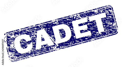 CADET stamp seal print with distress texture. Seal shape is a rounded rectangle with frame. Blue vector rubber print of CADET caption with scratched texture.