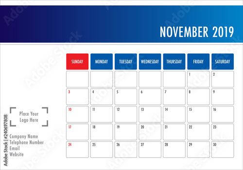 November 2019 desk calendar vector illustration