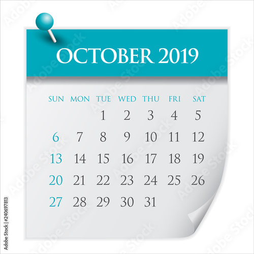 October 2019 monthly calendar vector illustration