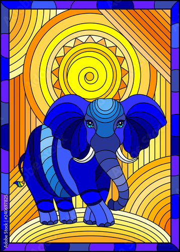 Illustration in stained glass style ,abstract blue geometric elephant on an orange background  background with sun  in frame
