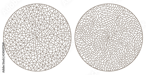 Set of abstract backgrounds contour stained glass, imitation of finely broken glass,round images