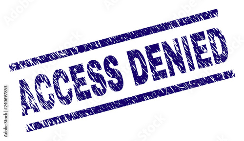 ACCESS DENIED seal print with scratced style. Blue vector rubber print of ACCESS DENIED caption with unclean texture. Text caption is placed between parallel lines.