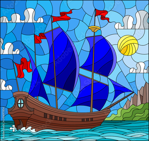 Illustration in stained glass style with sailboats with blue sails against the sky, the sea and the sunrise
