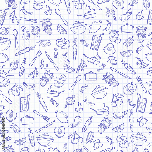 Seamless pattern with outline icons on a theme kitchen accessories and food   blue  contour  icons on the clean writing-book sheet in a cage