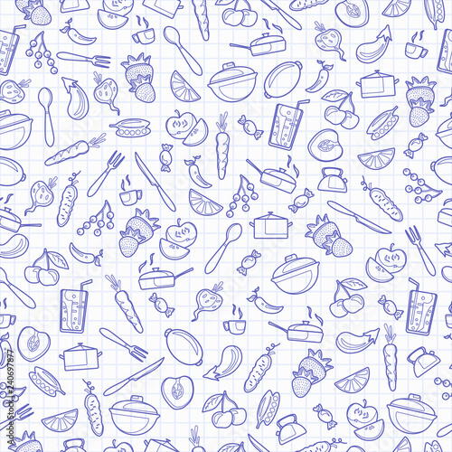 Seamless pattern with outline icons on a theme kitchen accessories and food , blue  contour  icons on the clean writing-book sheet in a cage