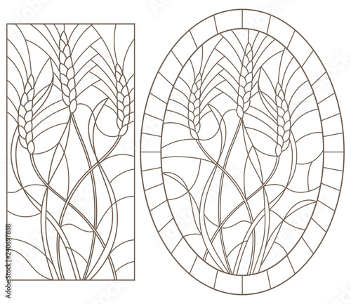 Set of contour illustrations of stained glass with wheat germ, oval and rectangular image, dark contours on a white background photo