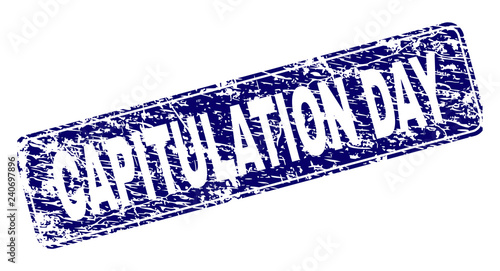 CAPITULATION DAY stamp seal print with grunge style. Seal shape is a rounded rectangle with frame. Blue vector rubber print of CAPITULATION DAY label with unclean style.