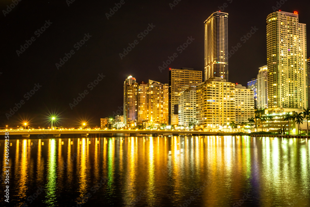 The night view of Miami downtown buildings