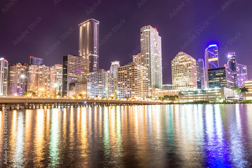 Miami downtown skyline under bright night lights