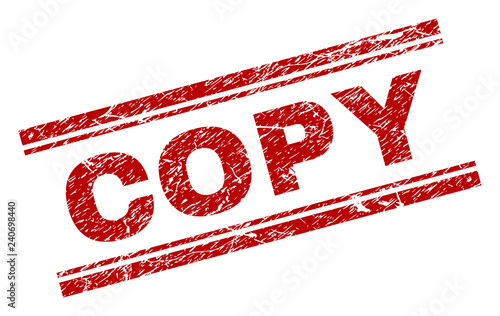 COPY seal print with corroded effect. Red vector rubber print of COPY title with dirty texture. Text title is placed between double parallel lines.