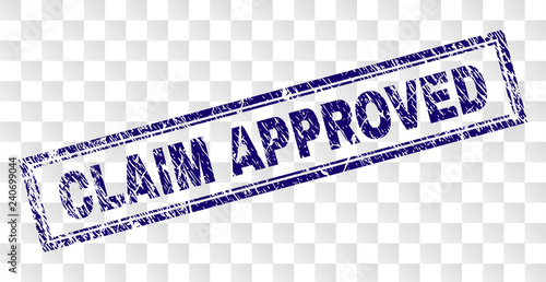 CLAIM APPROVED stamp seal imprint with rubber print style and double framed rectangle shape. Stamp is placed on a transparent background.