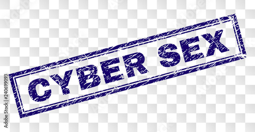 CYBER SEX stamp seal print with rubber print style and double framed rectangle shape. Stamp is placed on a transparent background. Blue vector rubber print of CYBER SEX text with unclean texture.