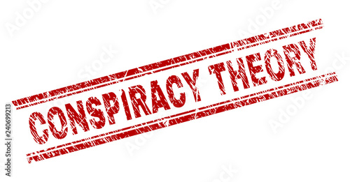 CONSPIRACY THEORY seal print with corroded texture. Red vector rubber print of CONSPIRACY THEORY label with dust texture. Text label is placed between double parallel lines.