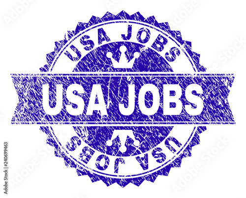 USA JOBS rosette seal watermark with distress style. Designed with round rosette, ribbon and small crowns. Blue vector rubber print of USA JOBS caption with grunge style.