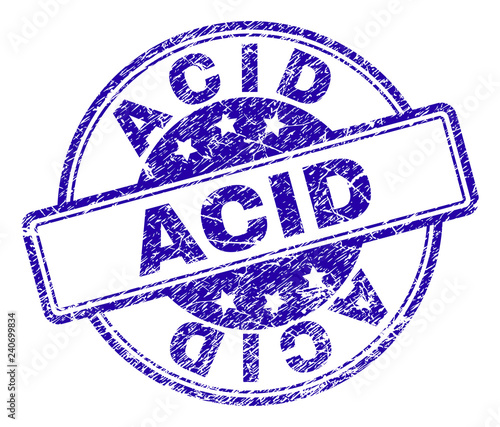 ACID stamp seal imprint with distress texture. Designed with rounded rectangles and circles. Blue vector rubber print of ACID caption with corroded texture.